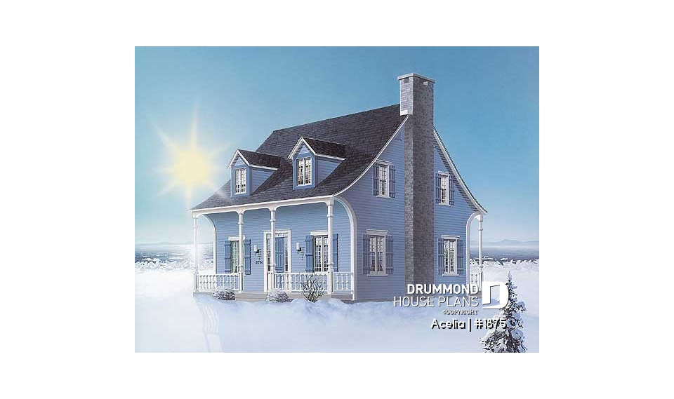 front - BASE MODEL - Small, historic Canadian style house plan, 3 bedrooms, fireplace, laundry on main, sitting room on 2nd floor - Acelia