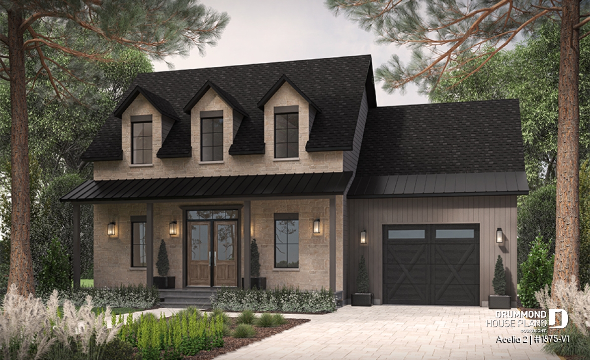 front - BASE MODEL - Compact country house plan with 3 bedrooms + home office, kitchen with pantry,cathedral ceiling in family room - Acelia 2