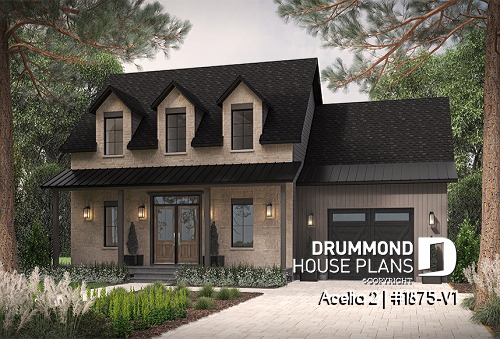 front - BASE MODEL - Compact country house plan with 3 bedrooms + home office, kitchen with pantry, cathedral celing in family room - Acelia 2