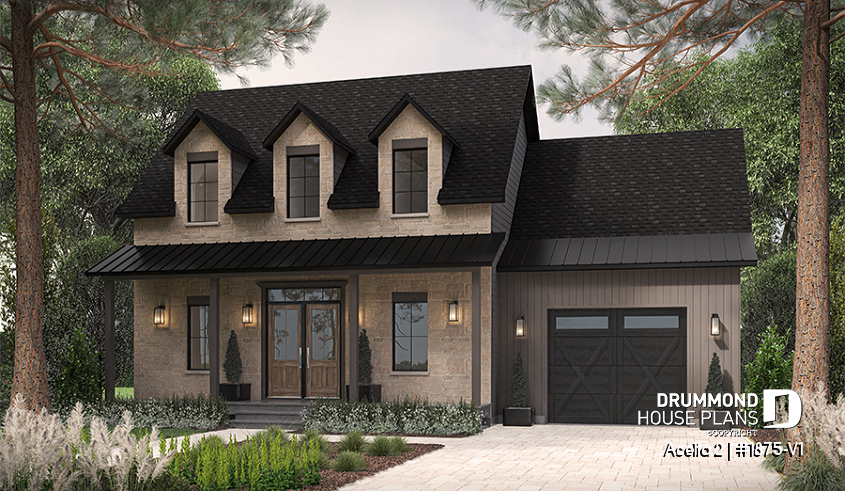 front - BASE MODEL - Compact country house plan with 3 bedrooms + home office, kitchen with pantry, cathedral celing in family room - Acelia 2