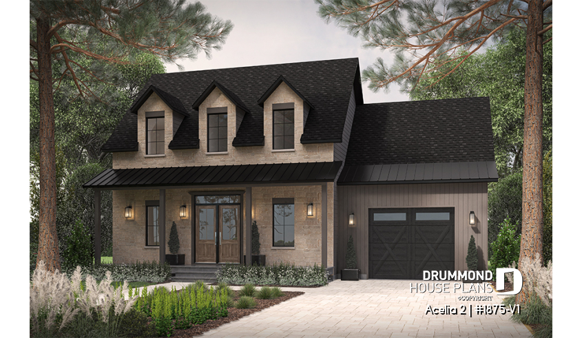 front - BASE MODEL - Compact country house plan with 3 bedrooms + home office, kitchen with pantry, cathedral celing in family room - Acelia 2