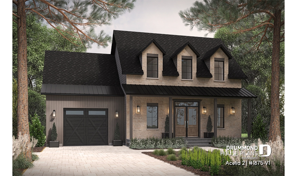 front - BASE MODEL - Compact country house plan with 3 bedrooms + home office, kitchen with pantry,cathedral ceiling in family room - Acelia 2