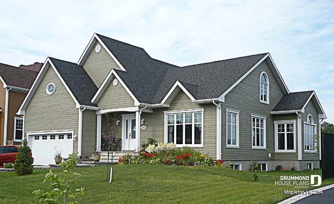 front - BASE MODEL - Bright Country Bungalow Plan with Large Bonus Room, Garage, Cathedral Ceiling and Expandable Basement - Mapleton