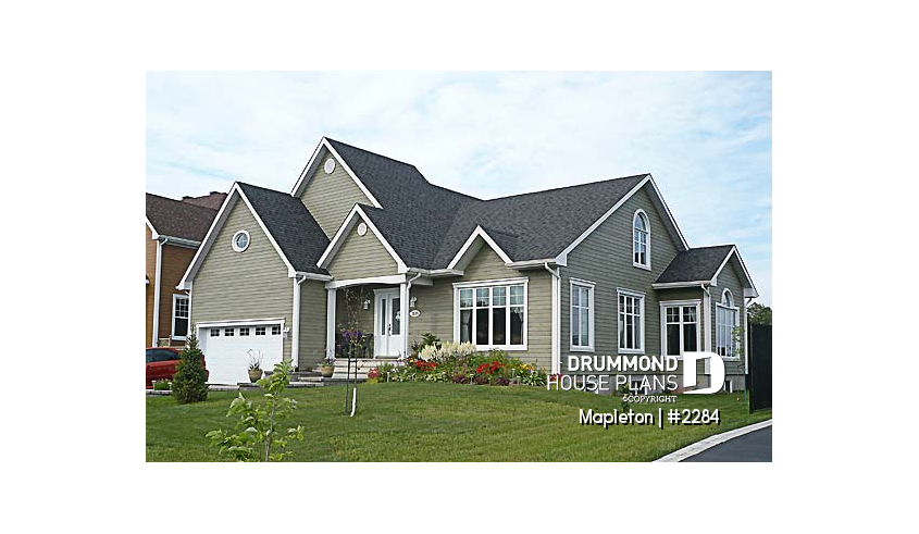front - BASE MODEL - Bright Country Bungalow Plan with Large Bonus Room, Garage, Cathedral Ceiling and Expandable Basement - Mapleton