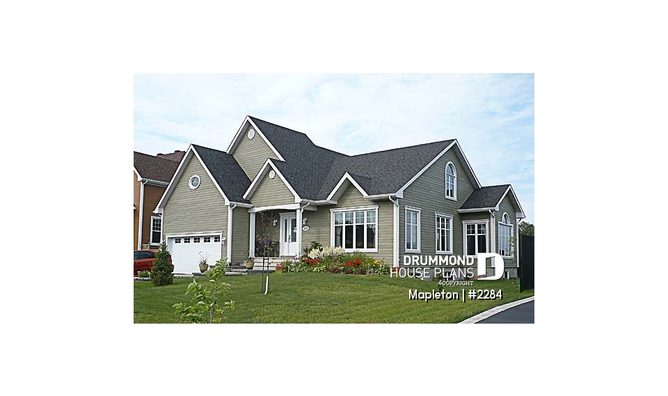 front - BASE MODEL - Bright Country Bungalow Plan with Large Bonus Room, Garage, Cathedral Ceiling and Expandable Basement - Mapleton