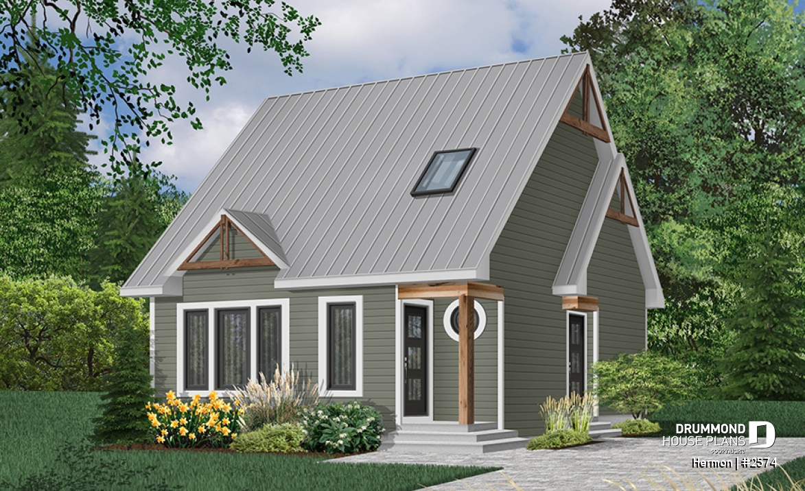 Color version 1 - Front - Scandinavian house plan with open floor plan, 2 bedrooms, lots of natural light, unfinished basement - Hermon