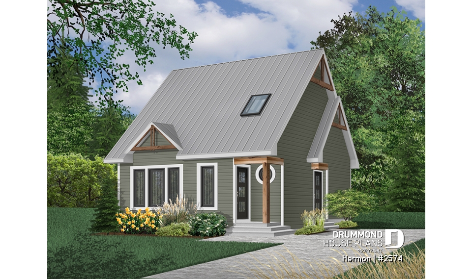 Color version 1 - Front - Scandinavian house plan with open floor plan, 2 bedrooms, lots of natural light, unfinished basement - Hermon