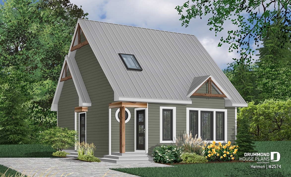 Color version 1 - Front - Scandinavian house plan with open floor plan, 2 bedrooms, lots of natural light, unfinished basement - Hermon
