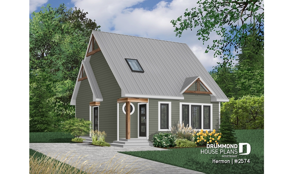 Color version 1 - Front - Scandinavian house plan with open floor plan, 2 bedrooms, lots of natural light, unfinished basement - Hermon