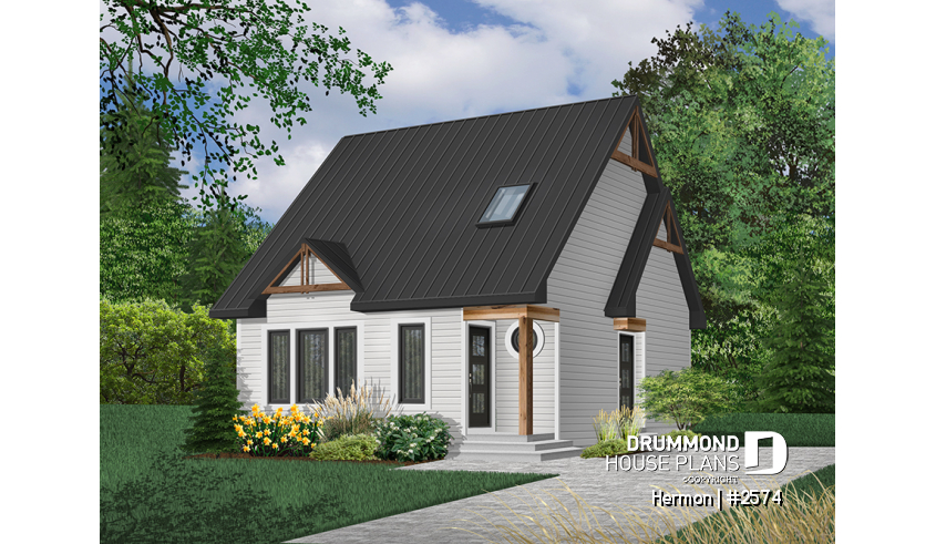 Color version 3 - Front - Scandinavian house plan with open floor plan, 2 bedrooms, lots of natural light, unfinished basement - Hermon