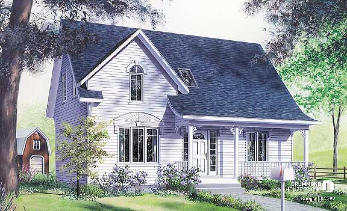 front - BASE MODEL - Country cottage home plan with 3 bedrooms, 2.5 baths, formal dining and living room, laundry room - Gaugin