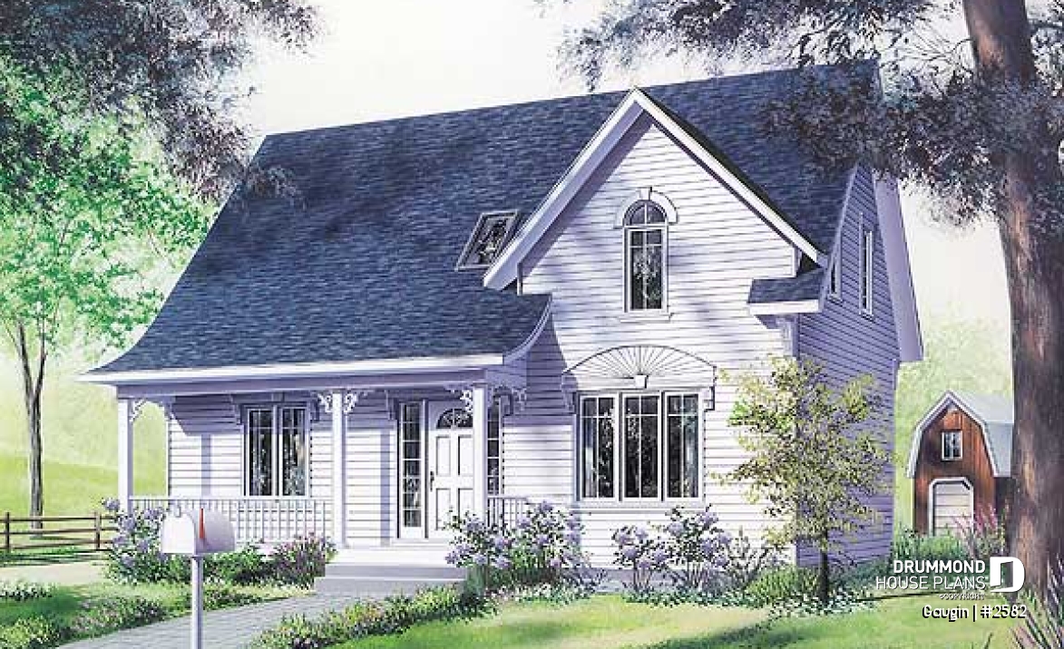 front - BASE MODEL - Country cottage home plan with 3 bedrooms, 2.5 baths, formal dining and living room, laundry room - Gaugin