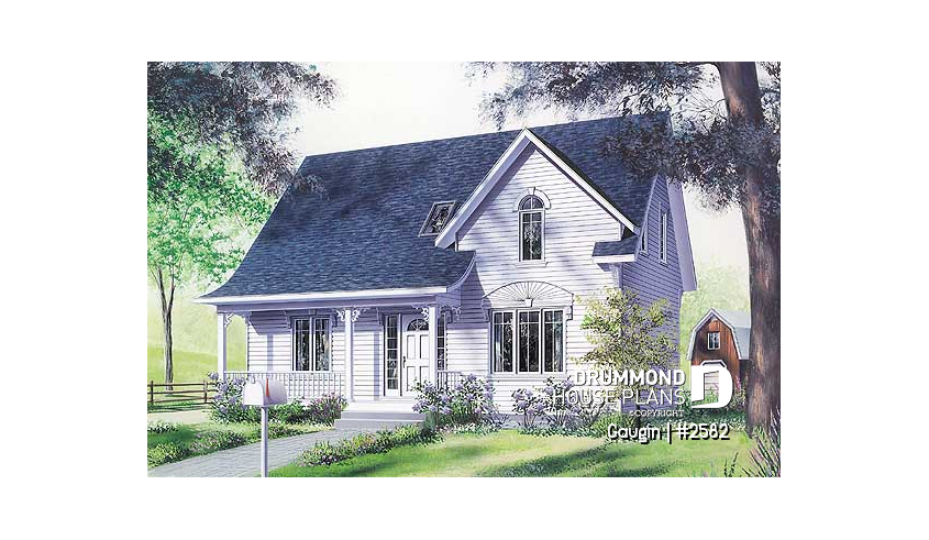 front - BASE MODEL - Country cottage home plan with 3 bedrooms, 2.5 baths, formal dining and living room, laundry room - Gaugin