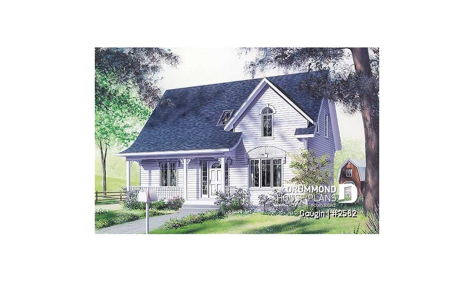 front - BASE MODEL - Country cottage home plan with 3 bedrooms, 2.5 baths, formal dining and living room, laundry room - Gaugin