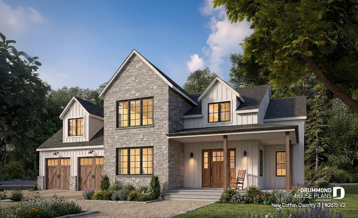 front - BASE MODEL - 4-Bedroom House Plan with Vaulted Great Room, 2-Car Garage and Covered Outdoor Living Area - New Cotton Country 3