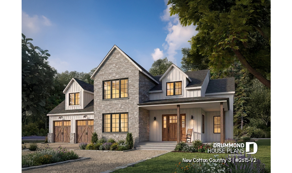front - BASE MODEL - 4-Bedroom House Plan with Vaulted Great Room, 2-Car Garage and Covered Outdoor Living Area - New Cotton Country 3