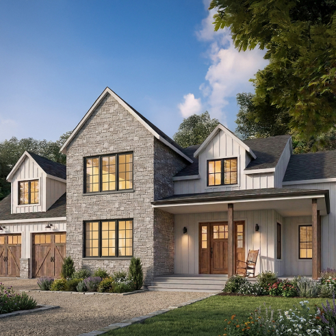 front - BASE MODEL - 4-Bedroom House Plan with Vaulted Great Room, 2-Car Garage and Covered Outdoor Living Area - New Cotton Country 3