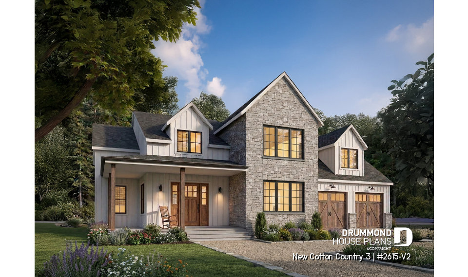 front - BASE MODEL - 4-Bedroom House Plan with Vaulted Great Room, 2-Car Garage and Covered Outdoor Living Area - New Cotton Country 3