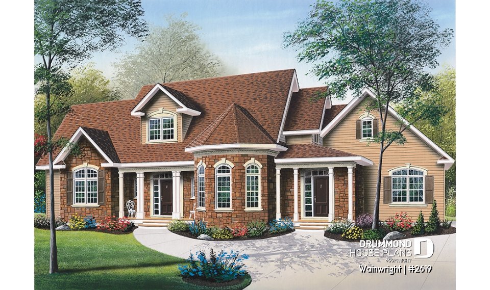 front - BASE MODEL - Large 3 bedroom 3 bathroom Ranch house plan, master suite on main floor, large great room, covered deck - Wainwright