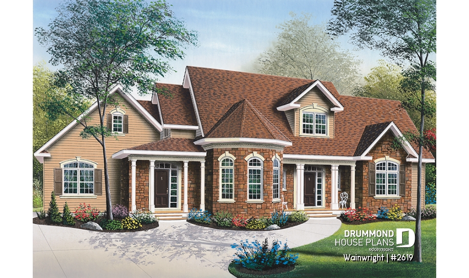 front - BASE MODEL - Large 3 bedroom 3 bathroom Ranch house plan, master suite on main floor, large great room, covered deck - Wainwright
