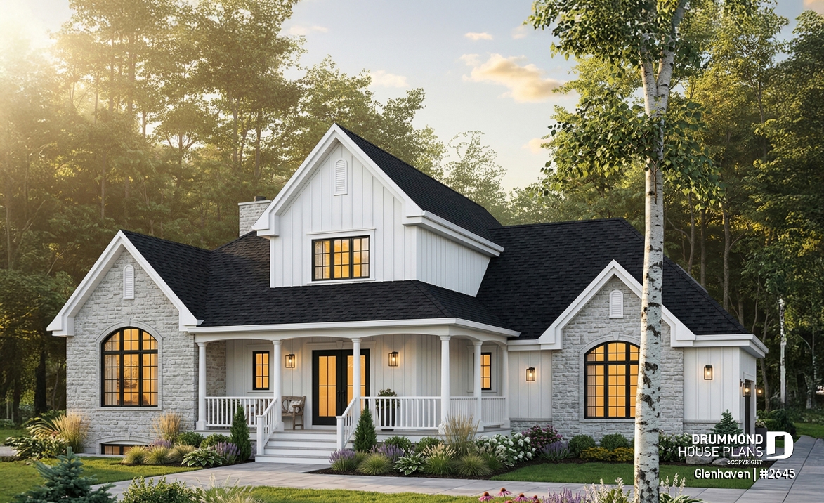 front - BASE MODEL - Large 3 to 4 bedroom house plan, large bonus space, 2-car garage, 9' ceiling on main floor - Glenhaven