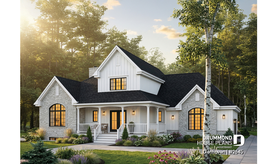 front - BASE MODEL - Large 3 to 4 bedroom house plan, large bonus space, 2-car garage, 9' ceiling on main floor - Glenhaven