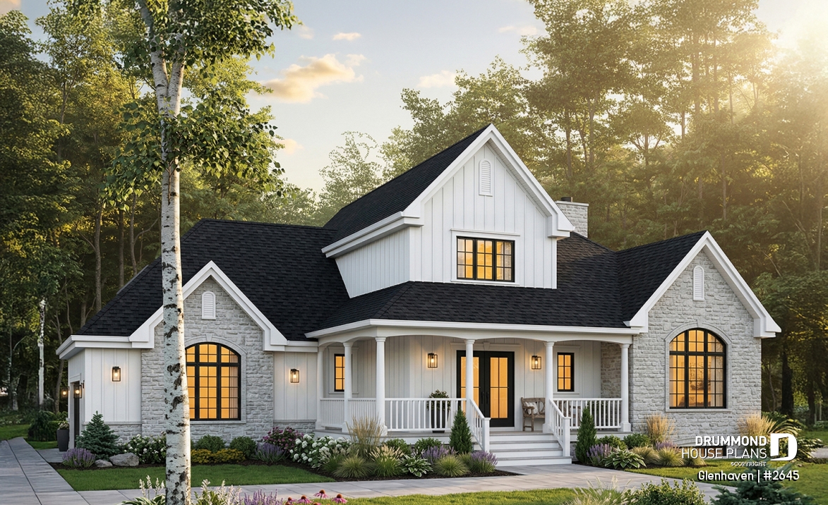 front - BASE MODEL - Large 3 to 4 bedroom house plan, large bonus space, 2-car garage, 9' ceiling on main floor - Glenhaven