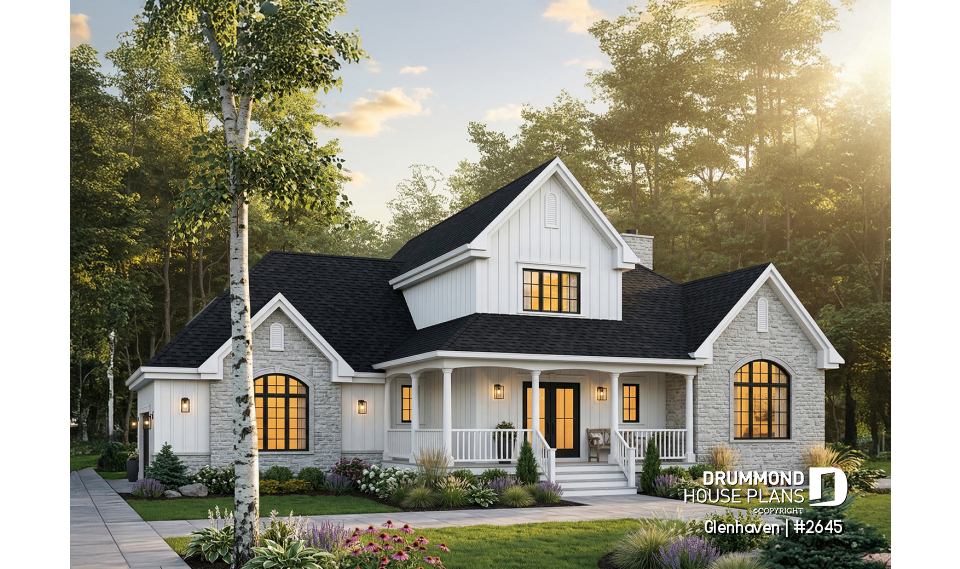 front - BASE MODEL - Large 3 to 4 bedroom house plan, large bonus space, 2-car garage, 9' ceiling on main floor - Glenhaven