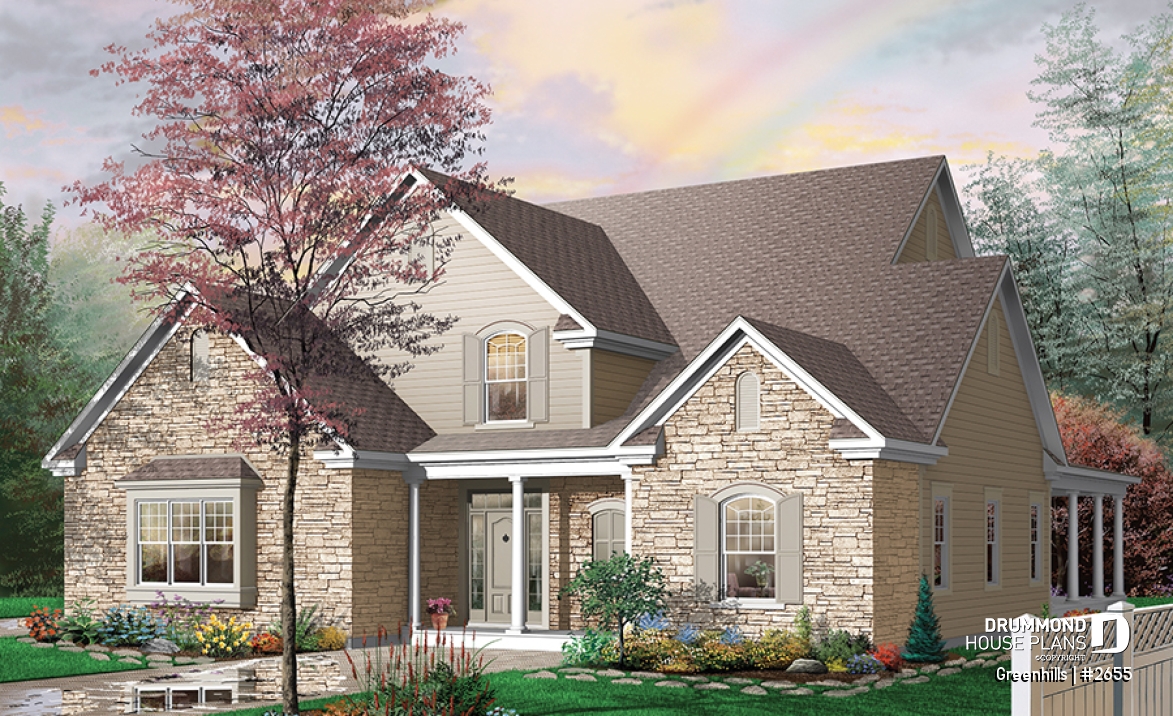 front - BASE MODEL - 4 bedroom 3 bathroom house plan with 3-car garage, farmhouse style, covered terrace, pantry, fireplace - Greenhills