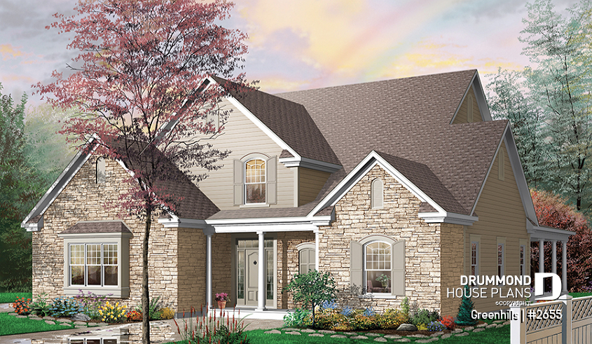 front - BASE MODEL - 4 bedroom 3 bathroom house plan with 3-car garage, farmhouse style, covered terrace, pantry, fireplace - Greenhills