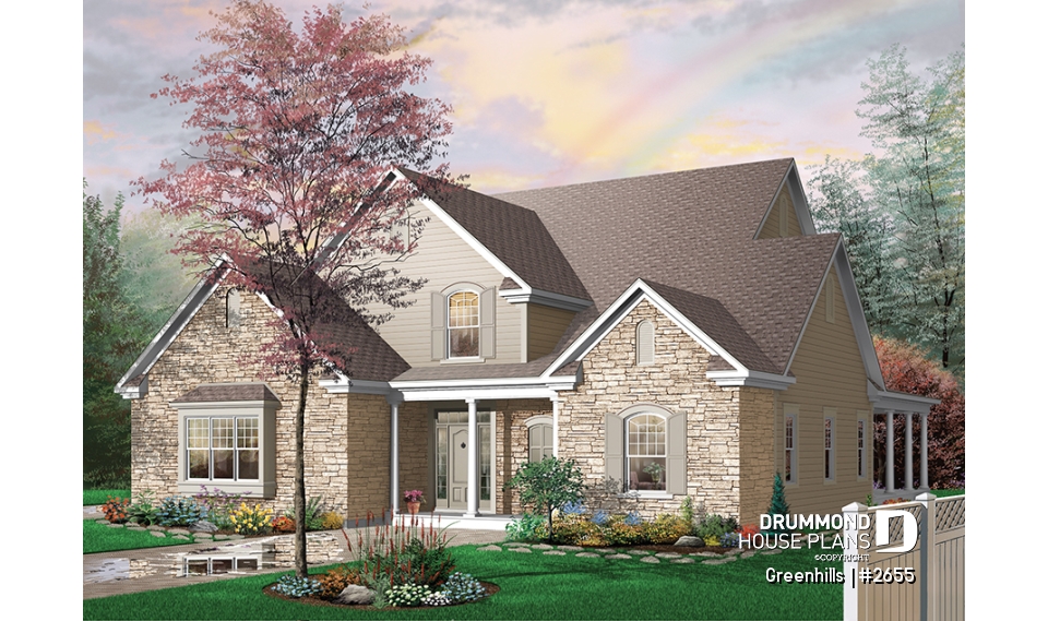 front - BASE MODEL - 4 bedroom 3 bathroom house plan with 3-car garage, farmhouse style, covered terrace, pantry, fireplace - Greenhills