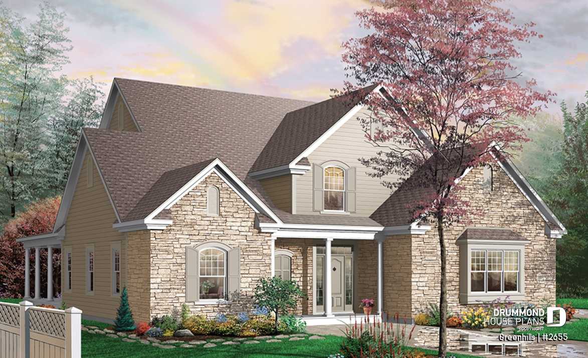 front - BASE MODEL - 4 bedroom 3 bathroom house plan with 3-car garage, farmhouse style, covered terrace, pantry, fireplace - Greenhills