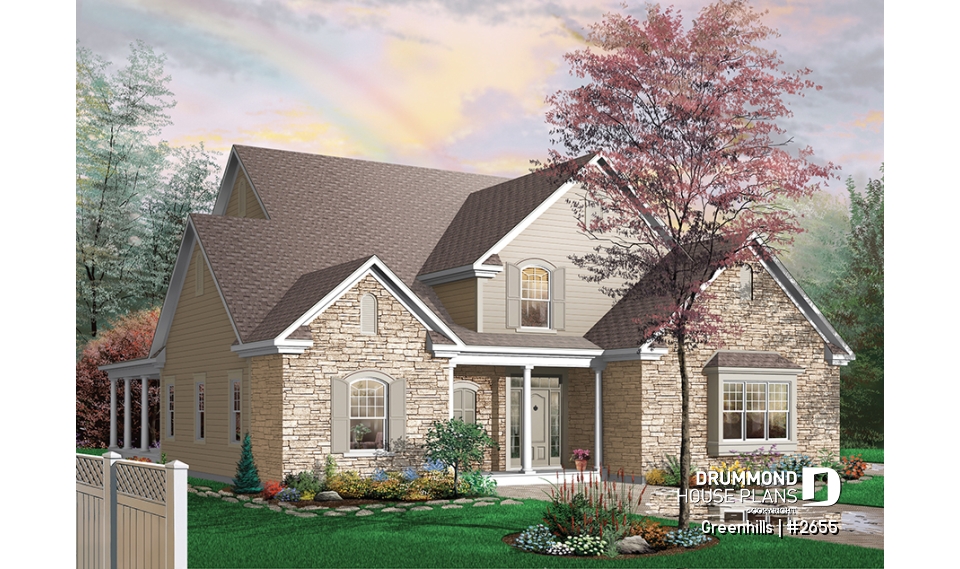 front - BASE MODEL - 4 bedroom 3 bathroom house plan with 3-car garage, farmhouse style, covered terrace, pantry, fireplace - Greenhills