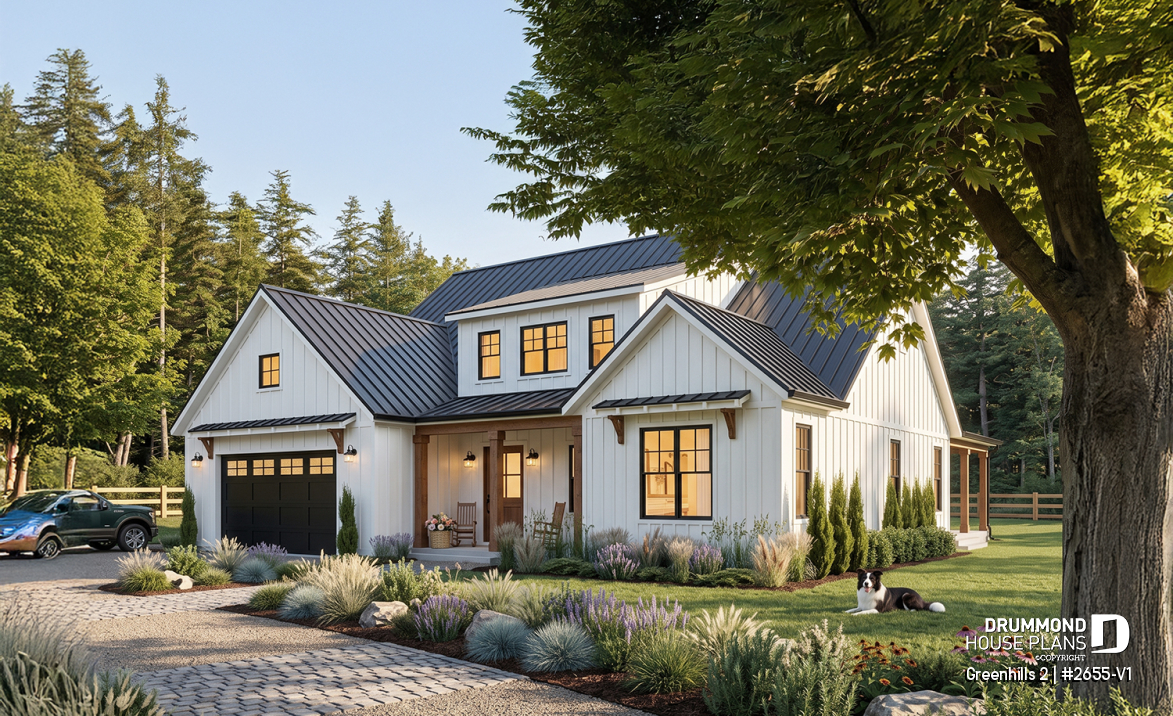 front - BASE MODEL - Modern farmhouse plan, 4 bedrooms, master suite, 3-car garage, fireplace, large kitchen, pantry, laundry room - Greenhills 2