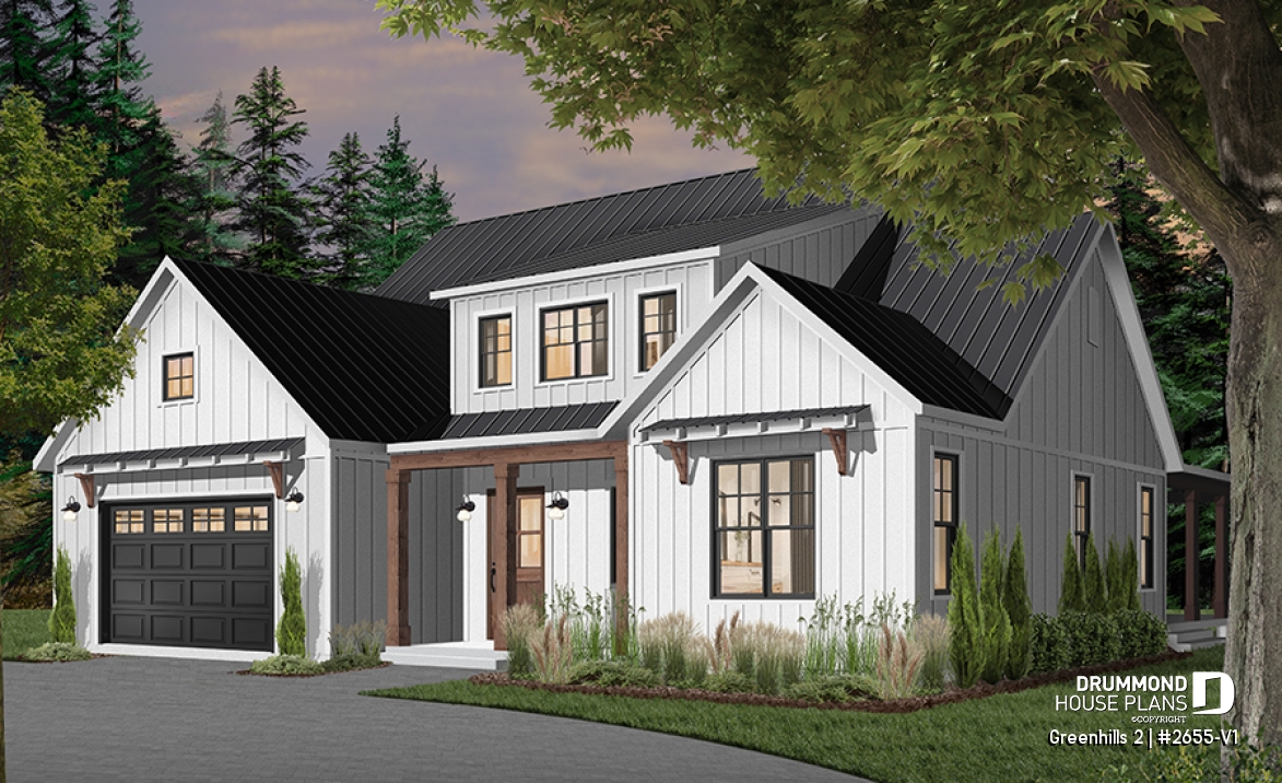 front - BASE MODEL - Modern farmhouse plan, 4 bedrooms, master suite, 3-car garage, fireplace, large kitchen, pantry, laundry room - Greenhills 2