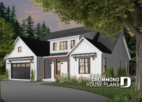 front - BASE MODEL - Modern farmhouse plan, 4 bedrooms, master suite, 3-car garage, fireplace, large kitchen, pantry, laundry room - Greenhills 2