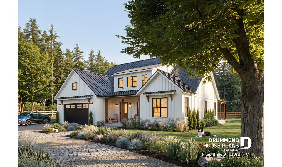 front - BASE MODEL - Modern farmhouse plan, 4 bedrooms, master suite, 3-car garage, fireplace, large kitchen, pantry, laundry room - Greenhills 2