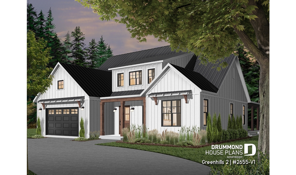 front - BASE MODEL - Modern farmhouse plan, 4 bedrooms, master suite, 3-car garage, fireplace, large kitchen, pantry, laundry room - Greenhills 2