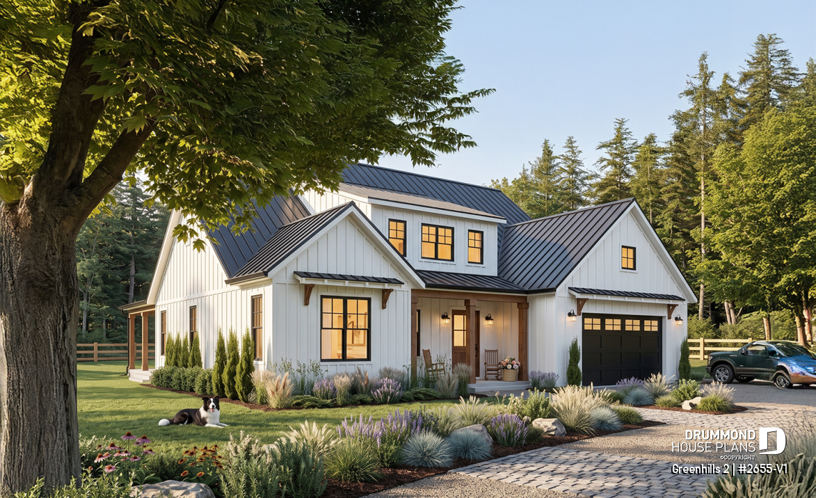 front - BASE MODEL - Modern farmhouse plan, 4 bedrooms, master suite, 3-car garage, fireplace, large kitchen, pantry, laundry room - Greenhills 2
