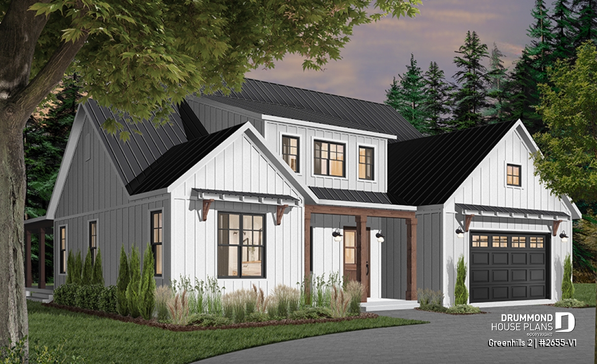 front - BASE MODEL - Modern farmhouse plan, 4 bedrooms, master suite, 3-car garage, fireplace, large kitchen, pantry, laundry room - Greenhills 2