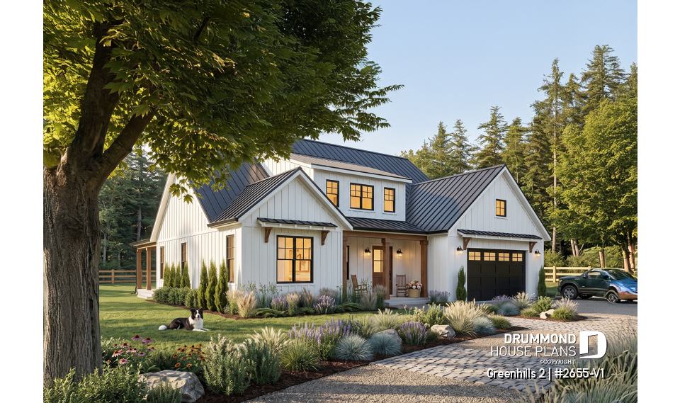 front - BASE MODEL - Modern farmhouse plan, 4 bedrooms, master suite, 3-car garage, fireplace, large kitchen, pantry, laundry room - Greenhills 2