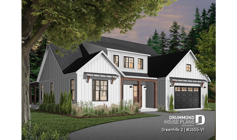 front - BASE MODEL - Modern farmhouse plan, 4 bedrooms, master suite, 3-car garage, fireplace, large kitchen, pantry, laundry room - Greenhills 2
