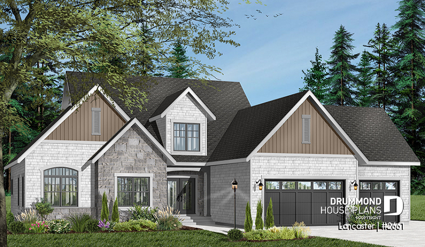 Color version 1 - Front - 3 to 4 bedroom American house plan, master bedroom on main floor, large kitchen, 3-car garage - Lancaster