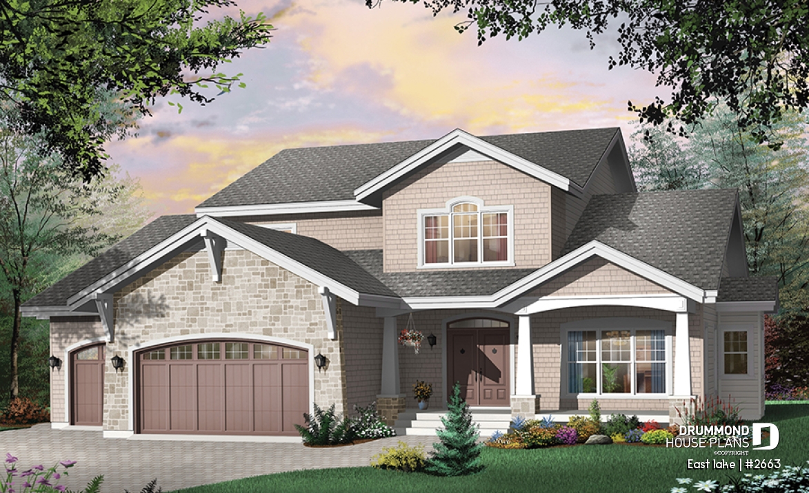 front - BASE MODEL - Beautiful Cap Cod style house plan, 4 to 5 bedrooms, 3-car garage, formal dining room, 3 living rooms - East lake