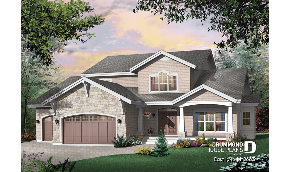 front - BASE MODEL - Beautiful Cap Cod style house plan, 4 to 5 bedrooms, 3-car garage, formal dining room, 3 living rooms - East lake