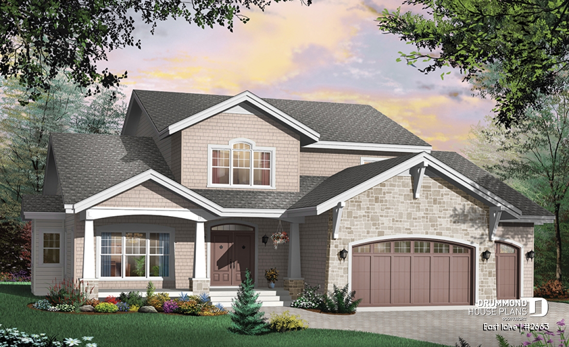 front - BASE MODEL - Beautiful Cap Cod style house plan, 4 to 5 bedrooms, 3-car garage, formal dining room, 3 living rooms - East lake