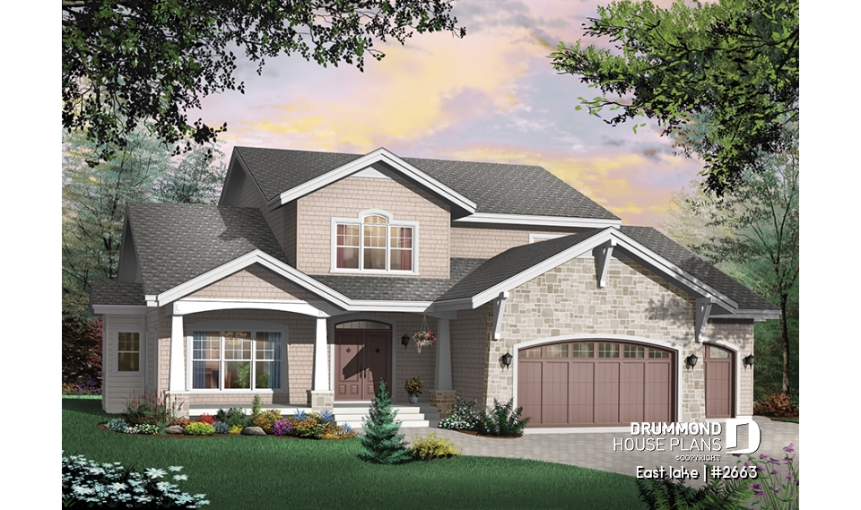 front - BASE MODEL - Beautiful Cap Cod style house plan, 4 to 5 bedrooms, 3-car garage, formal dining room, 3 living rooms - East lake