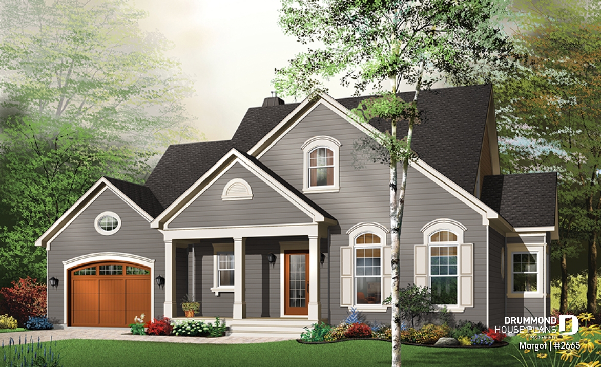 Color version 1 - Front - 4 bedrooms 3.5 bathrooms home plan, master suite, fireplace, lots of natural light in kitchen, garage - Margot
