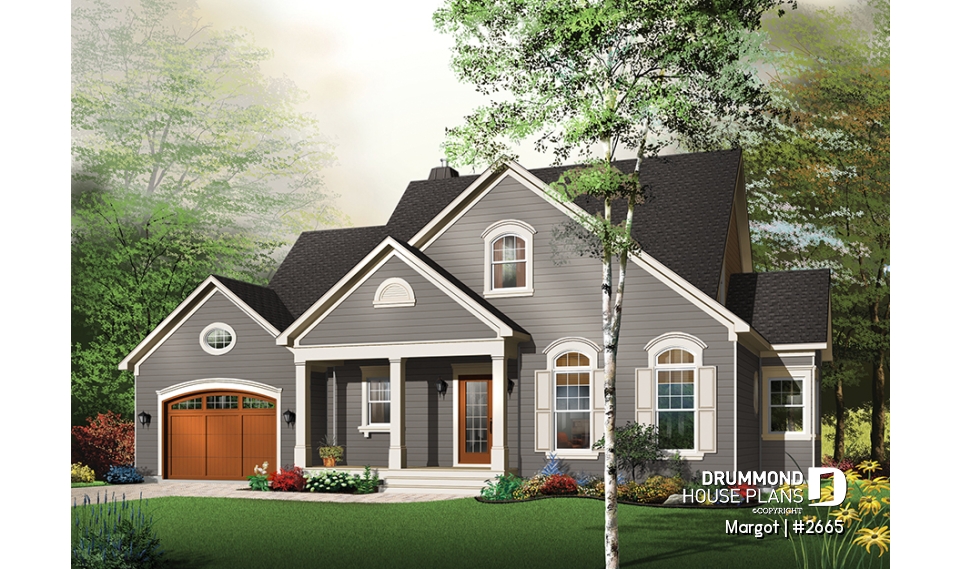 Color version 1 - Front - 4 bedrooms 3.5 bathrooms home plan, master suite, fireplace, lots of natural light in kitchen, garage - Margot