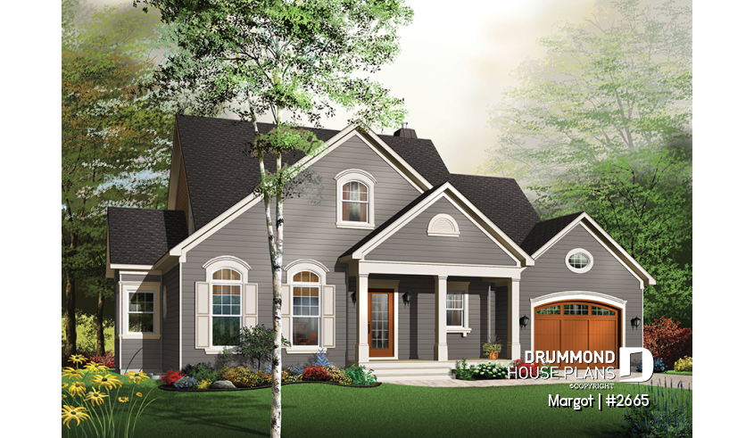 Color version 1 - Front - 4 bedrooms 3.5 bathrooms home plan, master suite, fireplace, lots of natural light in kitchen, garage - Margot